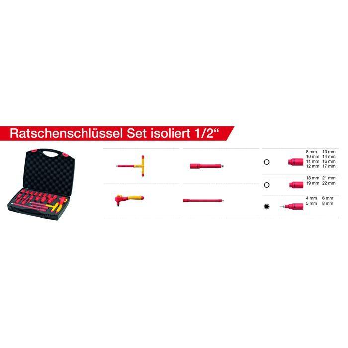 Coffret clé à cliquet isolé 1/2" 20 pièces Wiha - Rouge Jaune 21 - 43024