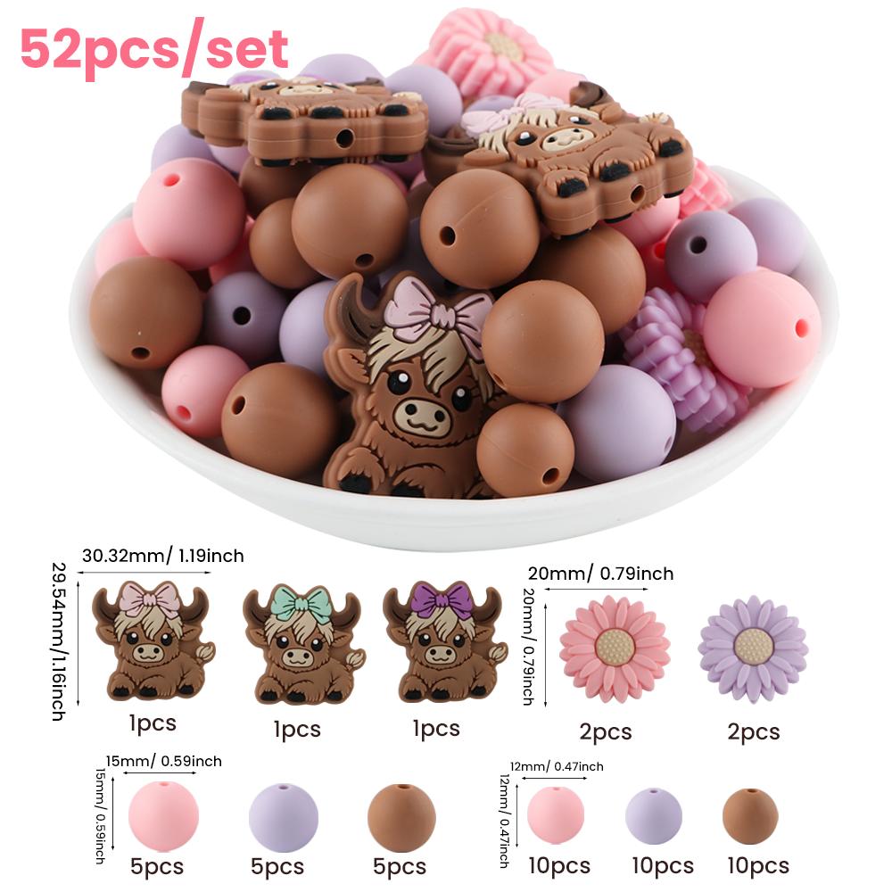 

52 Pcs/Lot Mixed Style Silicone Beads Animal Cow Series Silicone Focal Bead Flower DIY Jewelry Handmade Accessories