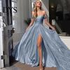 Sequin Ball Gown Women Evening Dress Off Shoulder Bandeau Backless Sleeveless Shiny Split Summer Maxi Hem A-line Big Swing Prom Party High Slit