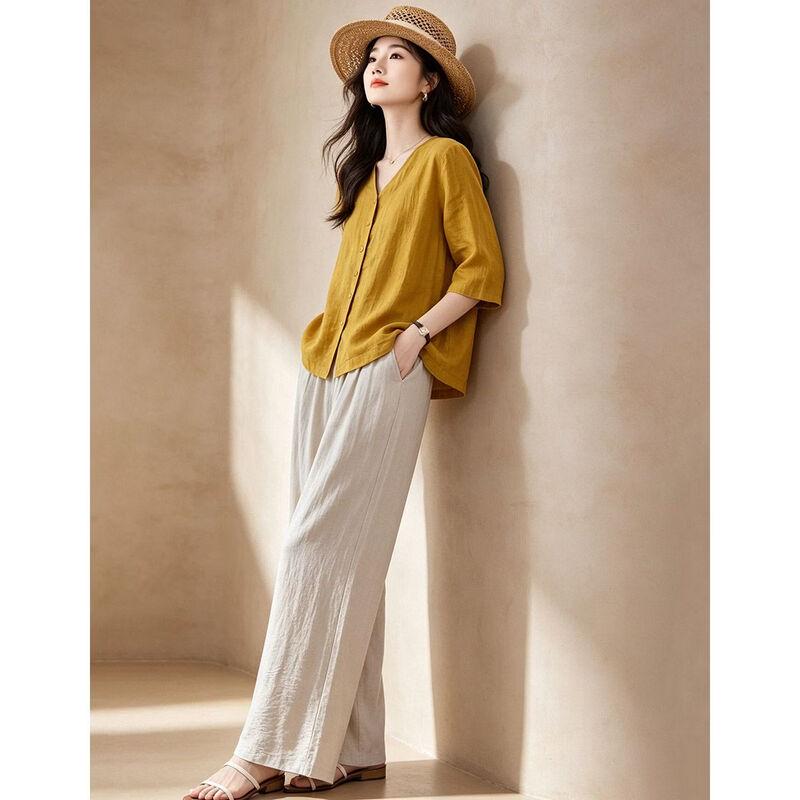 D.F.DEAR Women's Linen V-Neck Top & Wide-Leg Pants Set