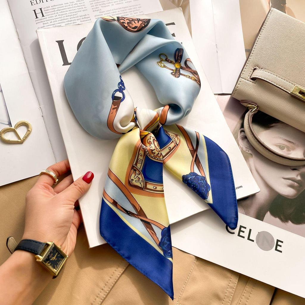 70cm Autumn Retro 3D Print Silk Scarf - Women's New Professional Square Imitation Ribbon