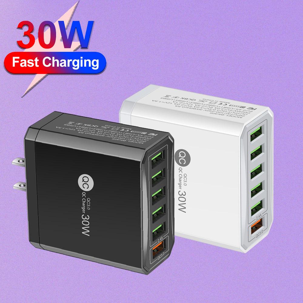 30W 6-Port QC3.0 Fast Charger with EU, US, UK, and Korean Plugs