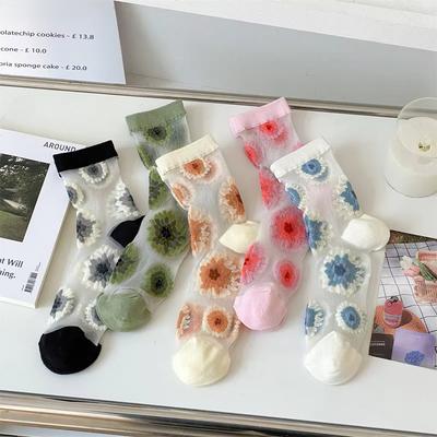 Γυναικείες Κάλτσες από Κρυσταλλικό Μετάξι Καλοκαίρι Υπερλεπτές Διαφανείς Νάιλον Μακριές Κάλτσες Φλοράλ Κέντημα Ιαπωνικές Kawaii Χαριτωμένες Διχτυωτές Δαντελένιες Κάλτσες
