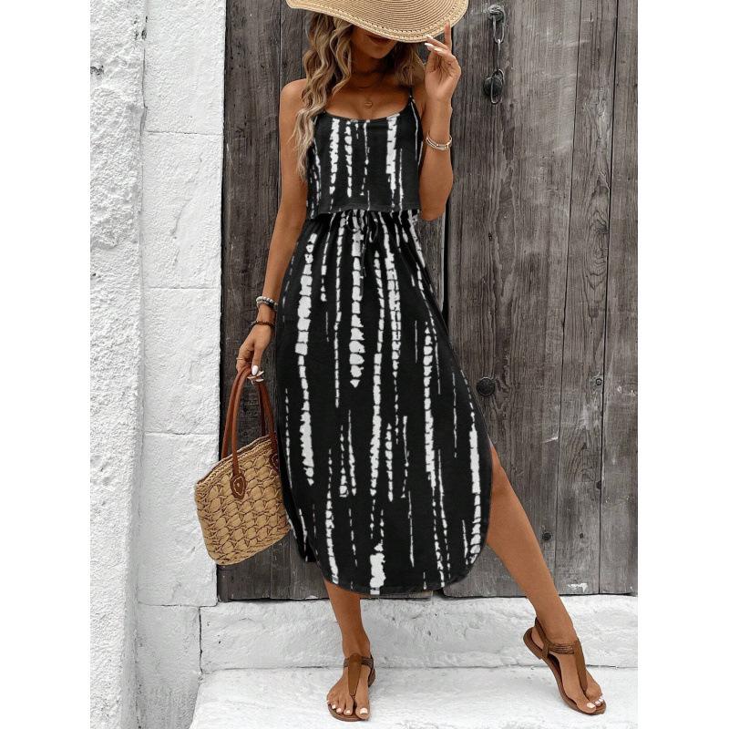 Strappy Printed Dress - Elegant Ink Silk Gauze for Commute and Casual Wear