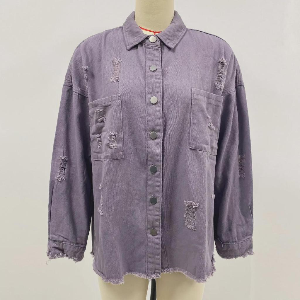 European/American Retro Denim Jacket - Women's Lapel Long-sleeve Streetwear with Raw Edge and Distressed Details.