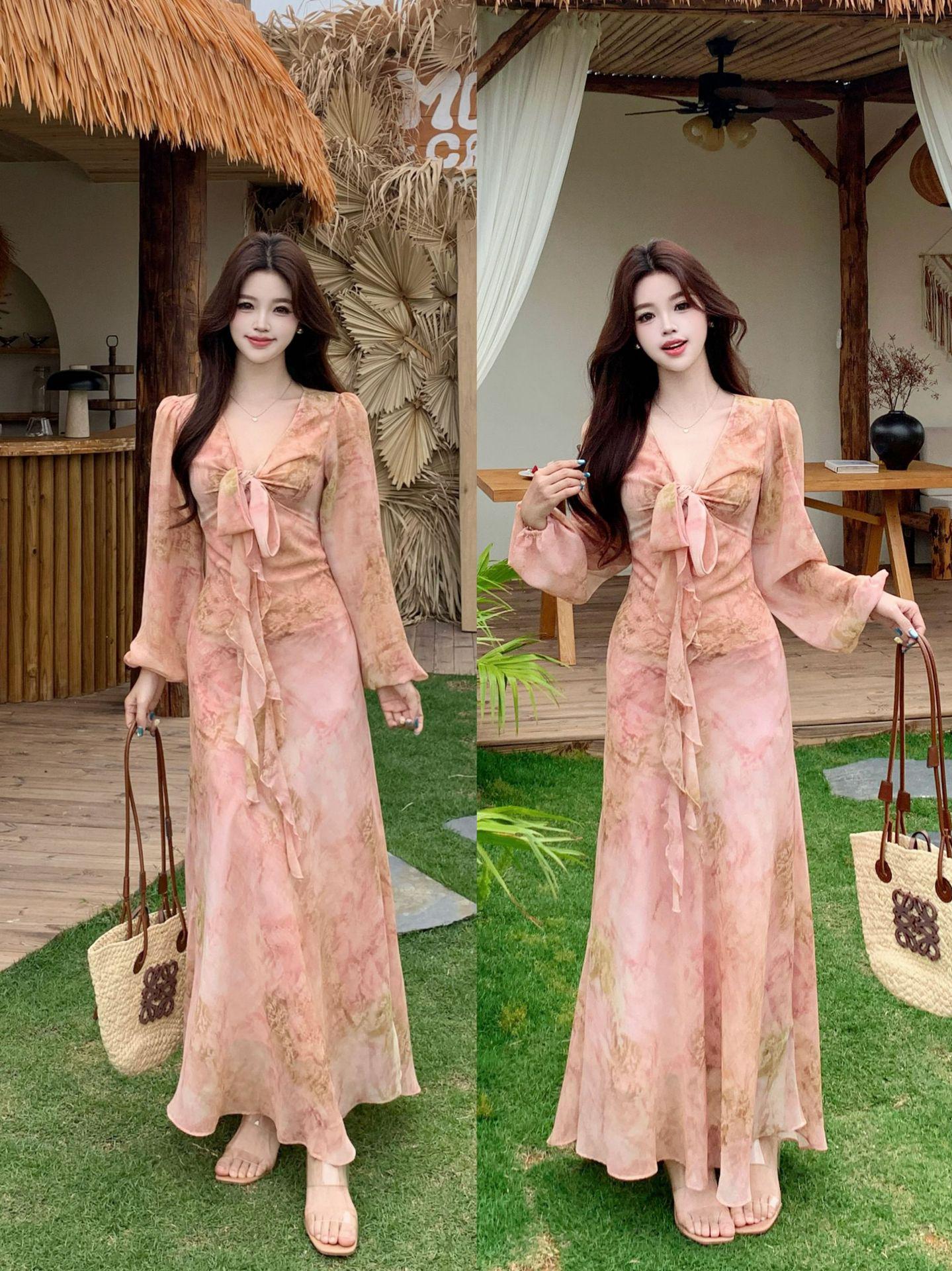 Plus Size Pink Floral Lace-Up Waist-Cinching Long Sleeve Elegant Dress 3XL