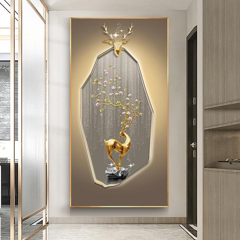 Abstract Fengshui Golden Deer Canvas Painting Zen Stone Posters and Prints Modern Luxury Leaves Wall Art for Porch Decor Unframe