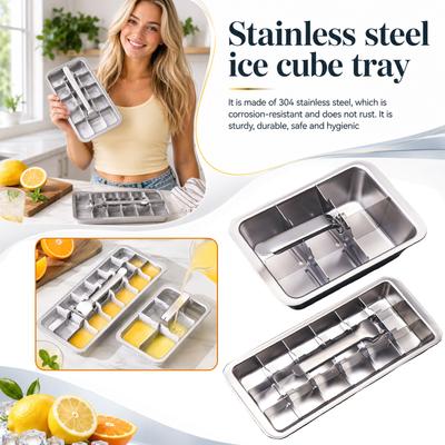 304 Stainless Steel Ice Cube Tray with Removable Divider Large Capacity Ice Mold for Freezing Cubes and Ice Balls Durable Metal Ice Tray with Handle