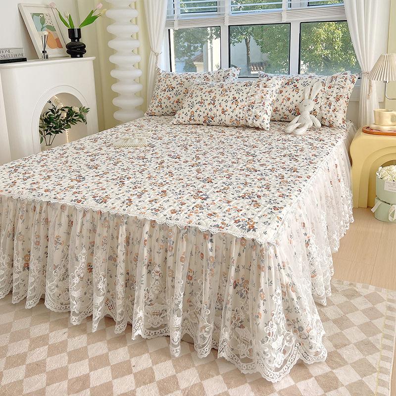 Saia de cama acolchoada estampada pastoral francesa, renda bordada, colcha grossa, roupa de cama à prova de poeira com lençol de algodão antiderrapante
