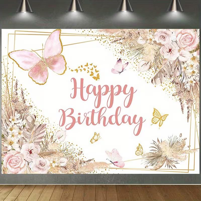 2D Happy Birthday Backdrop Pink Gold Butterfly Floral Party Background Banner