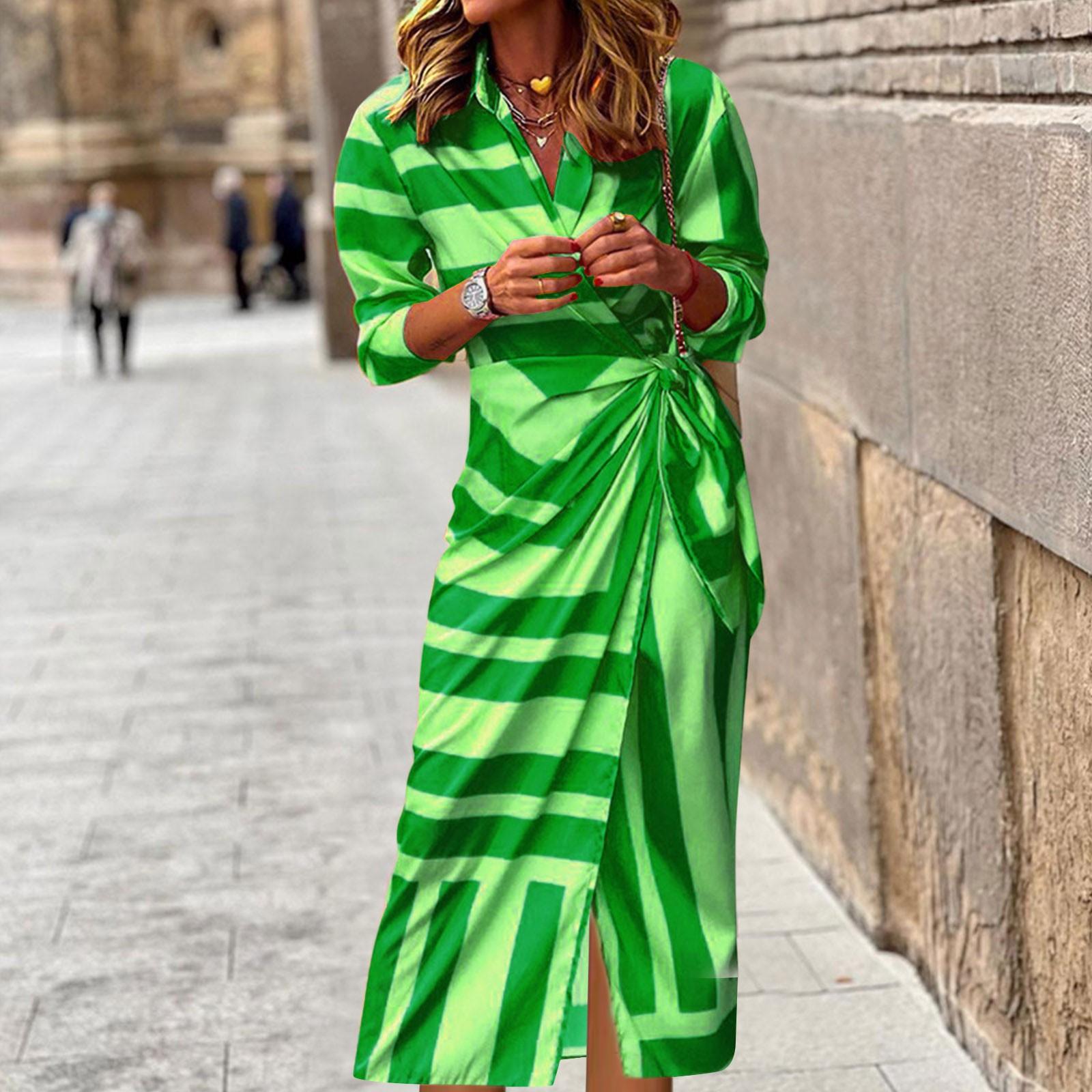 

Женский кардиган на весну, лето и осень, длинное платье с воротником-поло и полосатым принтом L зелёный