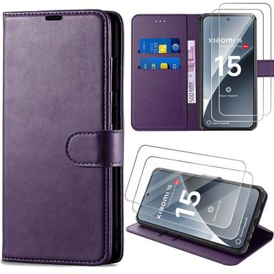Case + 2 Tempered Glasses for Xiaomi 15, Flap Protection Anti-Scratch Shockproof Synthetic Leather Dark Purple
