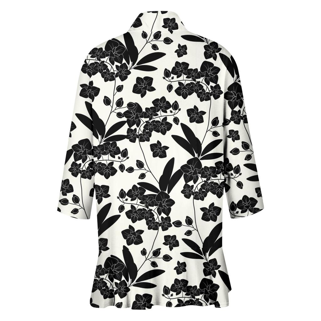 Women's Light And Thin Coat, Three-quarter Sleeve Printed Ruffled Cardigan