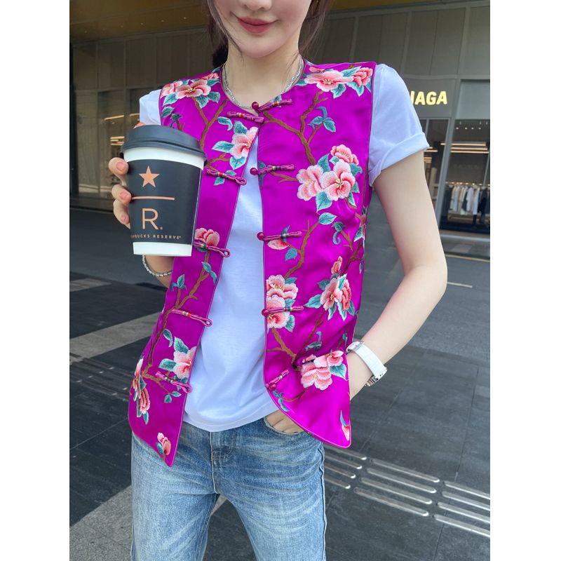 

Шинуазри Короткая Вышивка Уличный Все-Сочетающийся Сатин Rose Red S