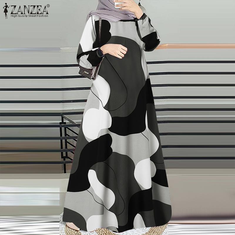 ZANZEA Dámské ležérní Maxi šaty s potiskem do O-výstřihu s dlouhým rukávem