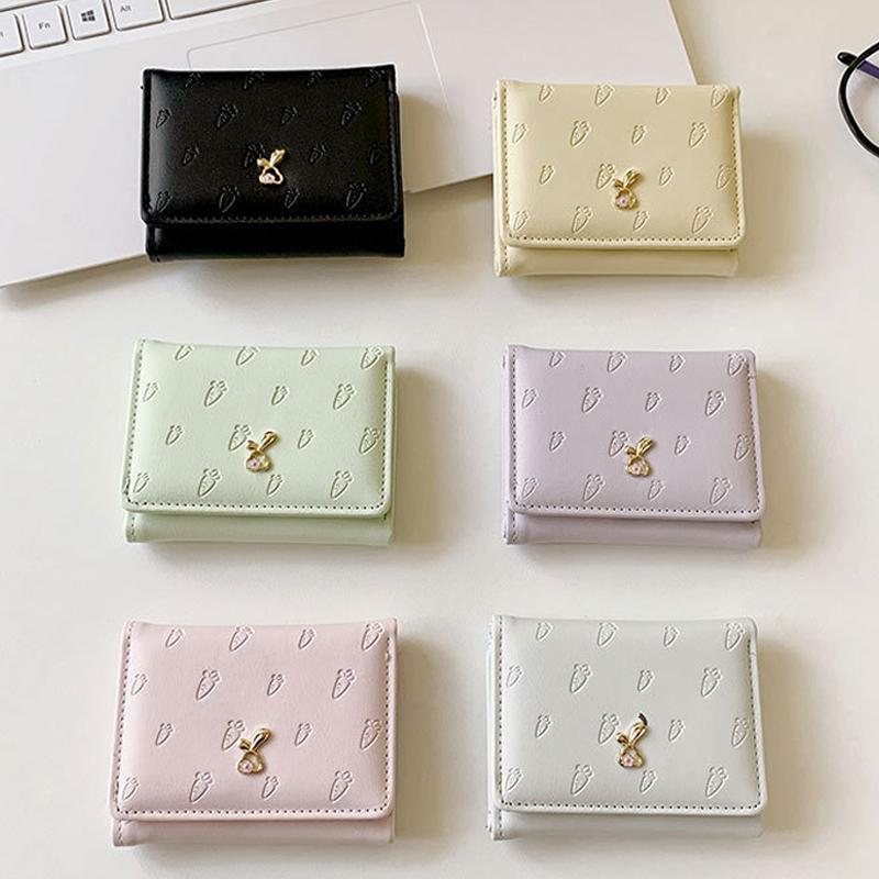Portable Cartoon Rabbit Purses Carrot Printed Snap Button Lady Short Pu Wallet Waterproof Candy Color Triple Fold Card Bag