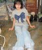 RONRON Big Ribbon Applique Basic Fit T Shirt Gray