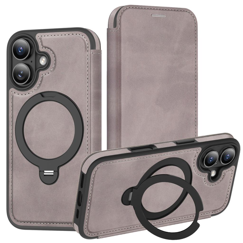 For iPhone 16 Case Compatible with MagSafe RFID Blocking Leather Wallet Cover with Rotating Ring Kickstand