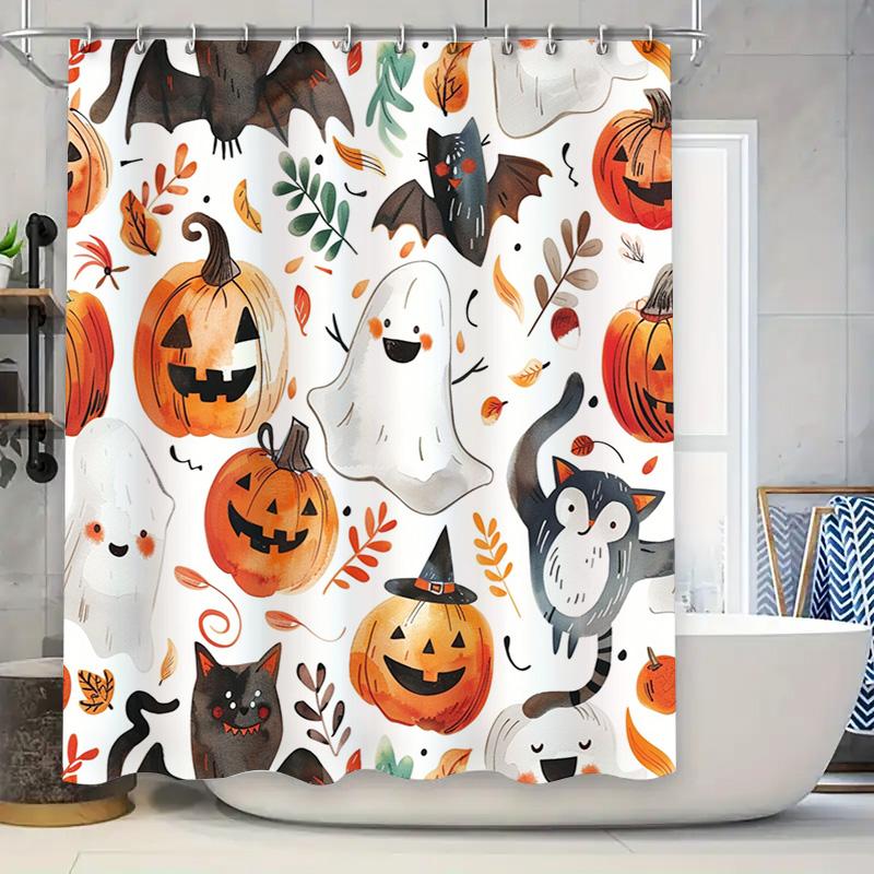 

Halloween-themed shower curtains featuring pumpkin lanterns, ghosts, witches hats, cats, bats waterproof bathroom decor with fal 90x180cm