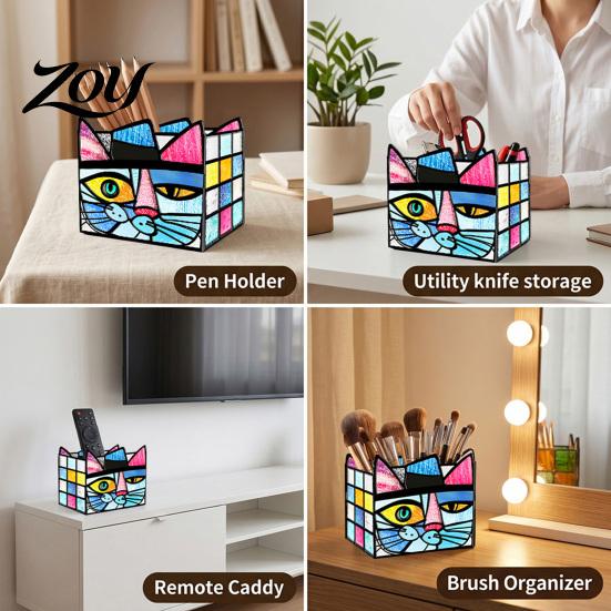 Acrylic Stationery Organizer Stained Glass Style Pen Holder, Unique Desktop Organizer, 3D Creative Gift for Students Embossed Relief Pattern