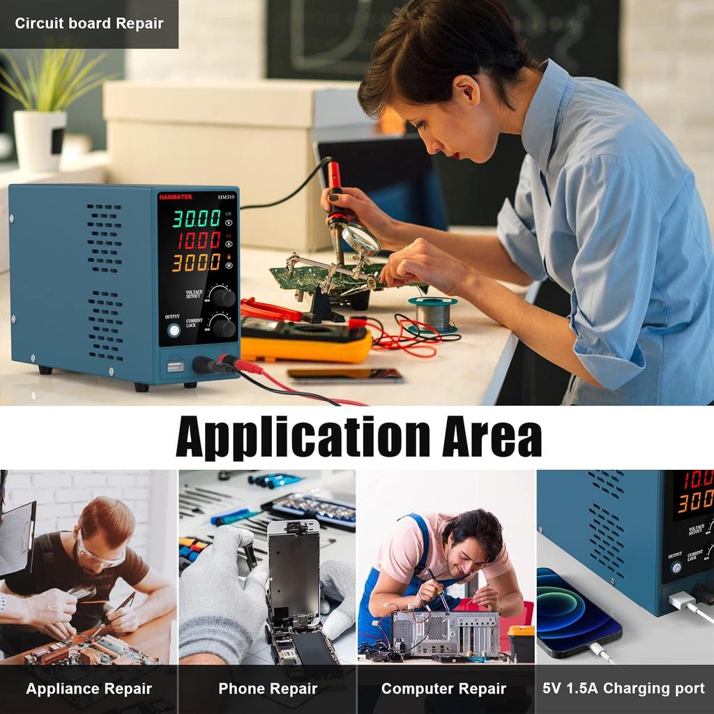 Adjustable DC Power Supply 0-30V 0-10A with USB Charging and Enable/Disable Button