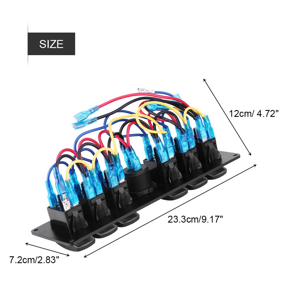 12V-24V 6 Gang Blue LED Rocker Switch Panel with Alarm Voltmeter for Car RV Boat Yacht Marine