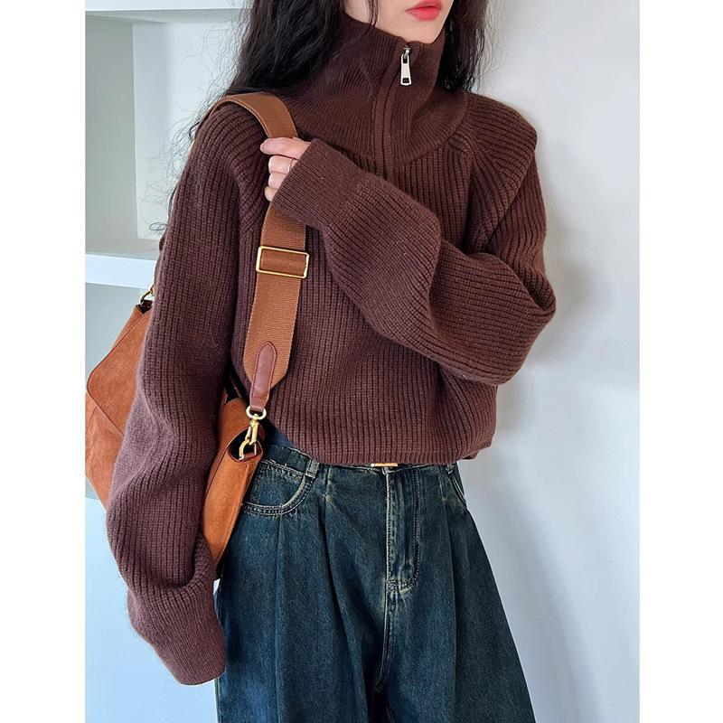 Women's Korean Style Stand Collar Half-Zip Thick Knit Sweater for Autumn/Winter