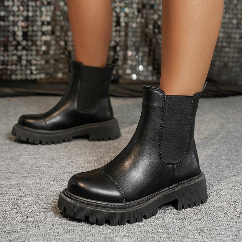 

Fashion Casual Solid Black Pu Chelsea Boots Women 2025 Winter Round Toe Thick Bottom Low Heel Ankle Boots Fashion Motorcycle Shoes Women 42 чёрный