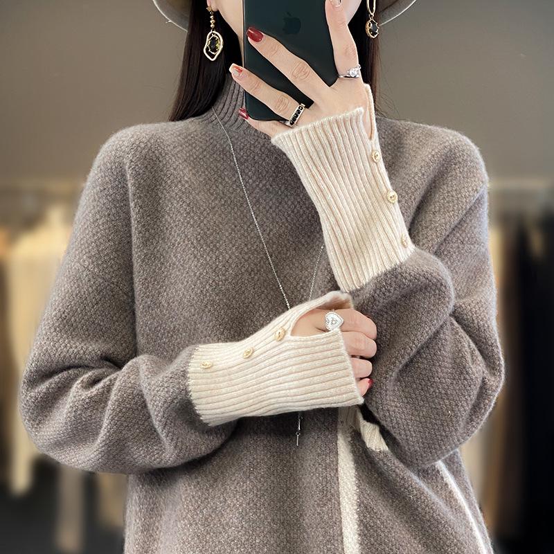 Versatile High-Neck Wool Sweater: Korean Style Cashmere Feel for Fashionable Women