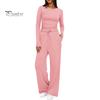 Long Sleeve Top Women Pants Set for Spring Fall, Slim Fit Crewneck Sweatshirt, Two Piece Sets Elastic Waist Loose Wide Leg Pants, Solid Color