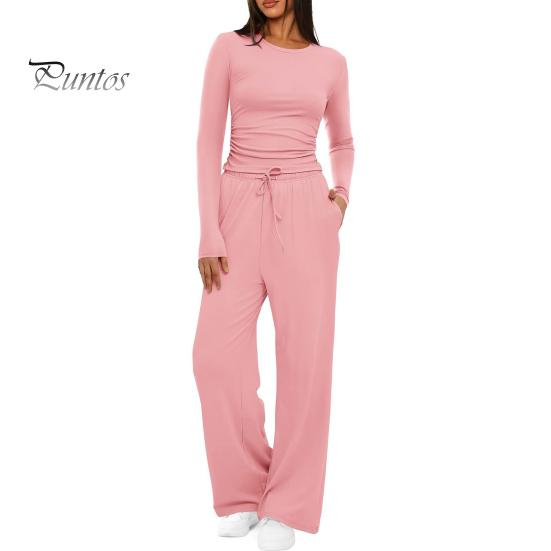 Long Sleeve Top Women Pants Set for Spring Fall, Slim Fit Crewneck Sweatshirt, Two Piece Sets Elastic Waist Loose Wide Leg Pants, Solid Color