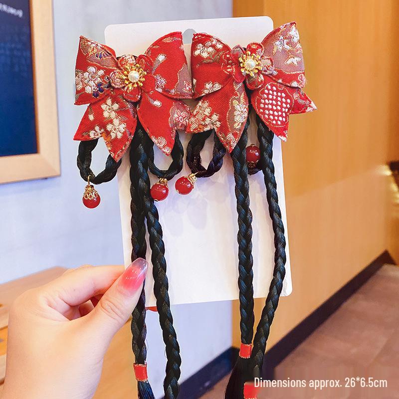 Children's Chinese Bow Braid Hair Clip & Hanfu Wig Headdress