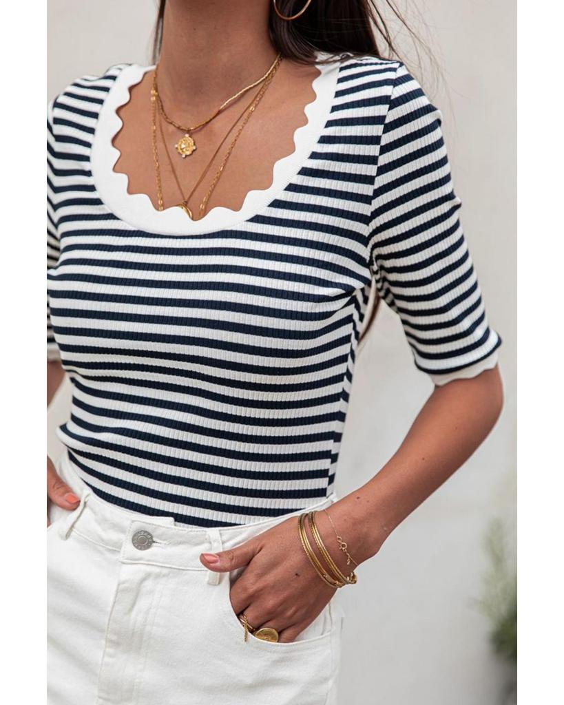 Azura Exchange Black Striped Contrast Scallop Trim Half Sleeve T-shirt