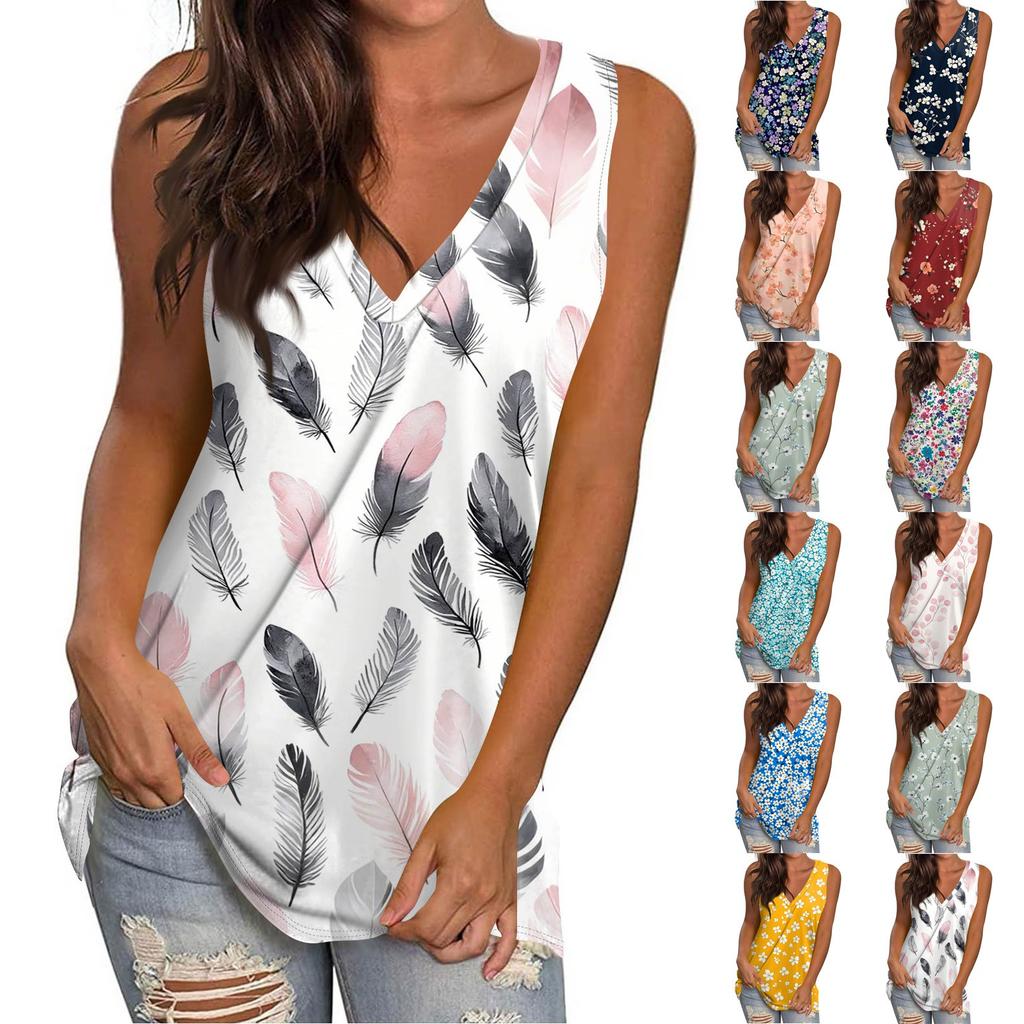 Women's Casual Fashion V-Neck Sleeveless Pullover Top Printed Vest T-Shirt
