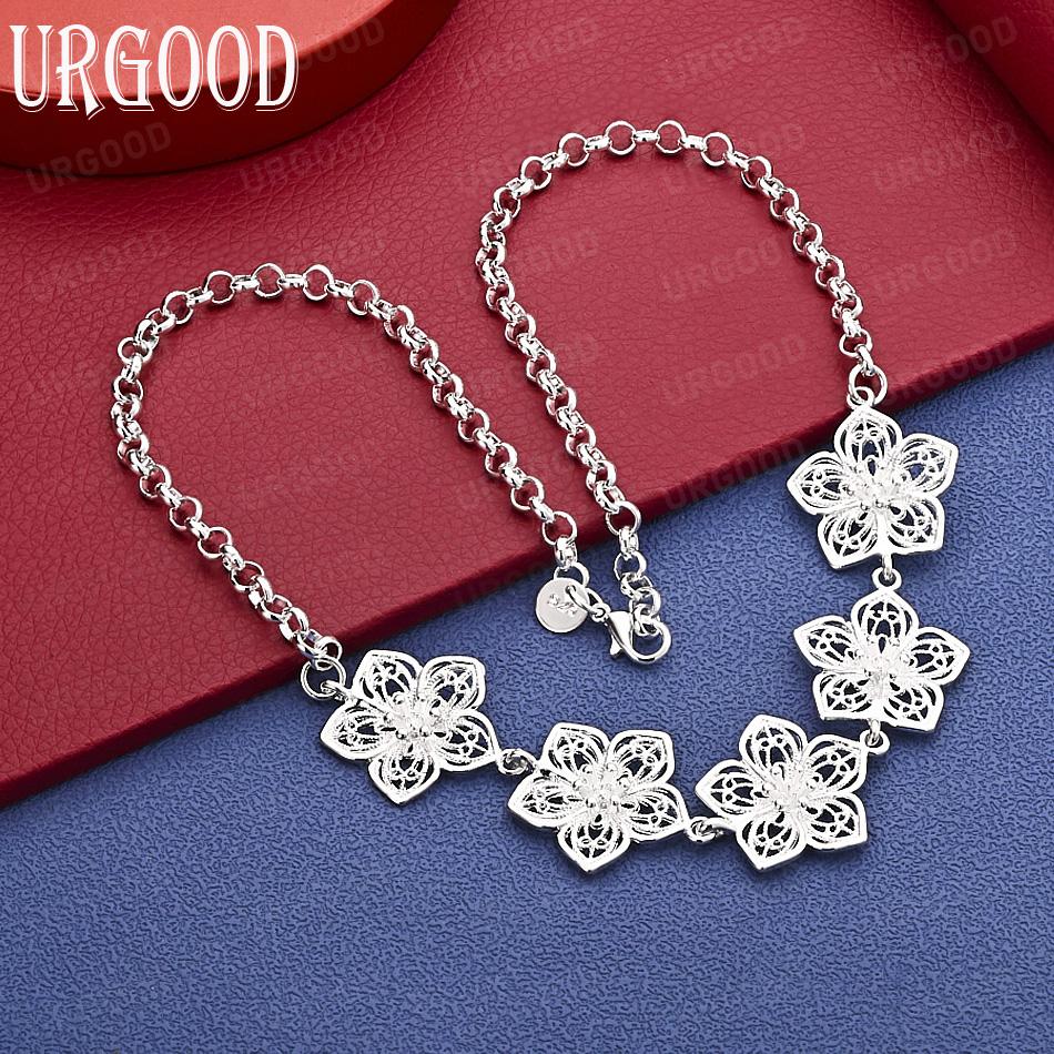 925 Sterling Silver Openwork Five-Petal Flower Necklace - Banquet Gift Jewelry