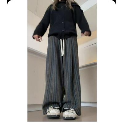 Retro Striped Plus Velvet Pants Women's Autumn and Winter Thickened Lazy Style Loose Straight Loose Casual Wide-leg Mopping Pants