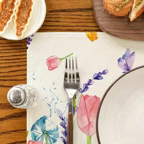 Floral Linen Placemat Tulip Spring Party Placemat Flowers Leaves Placemat Protects Table from