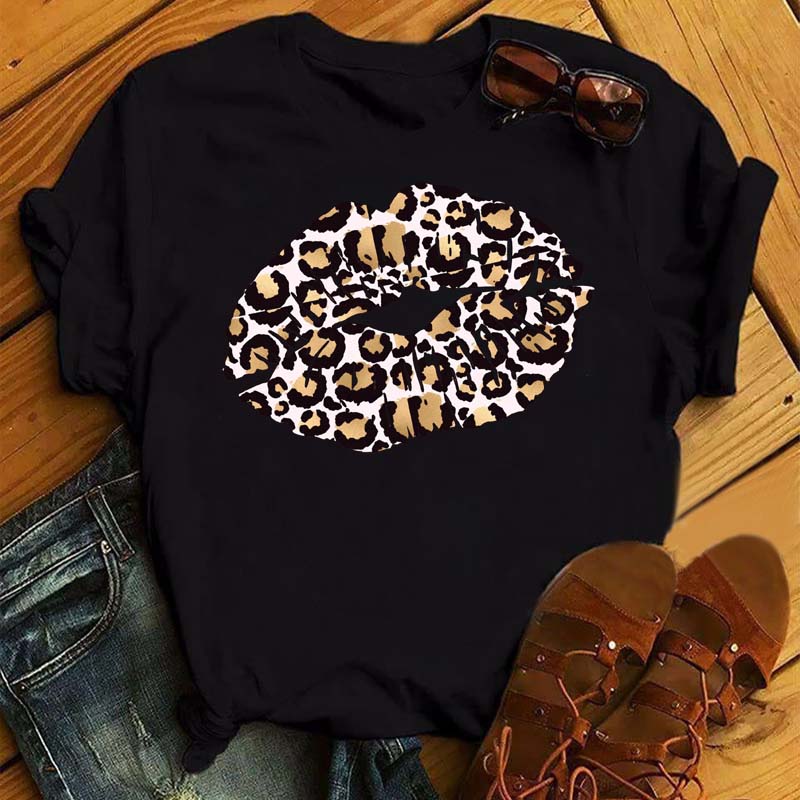New Unisex Pink Lips Leopard Graphic T Shirt Casual Fahion Oneck Sexy Black Tees Kiss Lip Funny Girls Tshirtdrop Shipping