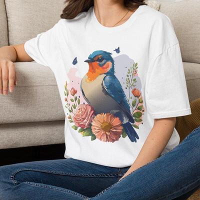 Bluebird with Floral T-Shirt | Watercolor Bird Tee Flowers Animal Tee- Gift for Her Mom Grandma Family Friend Sister Crew