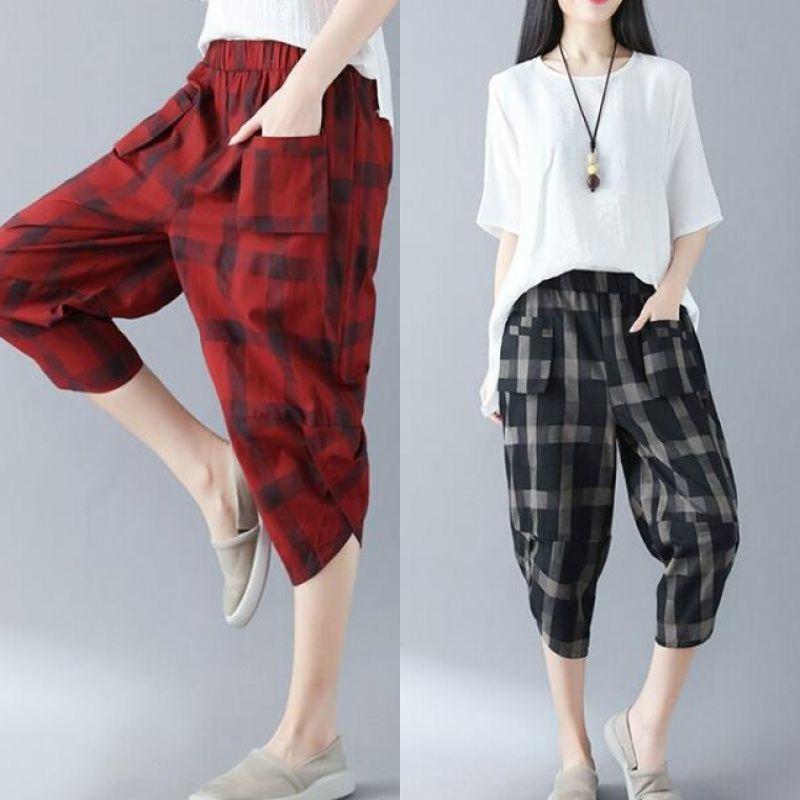 Sommer Baumwolle Leinen Mittellange Hose Damen Karomuster Locker Übergröße Harem Weites Bein Radieschen Leinen Freizeit Cropped Hose