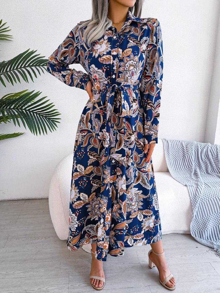 Turndown Collar Print Flower Button Dress High Waist Elegant  Shirt Dress for Women Long Sleeve Loose Dresses Causal Dress