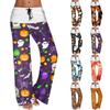 Pantalones casuales para mujer con cordón elástico en la cintura, pernera ancha, combinación de colores e estampado de Halloween