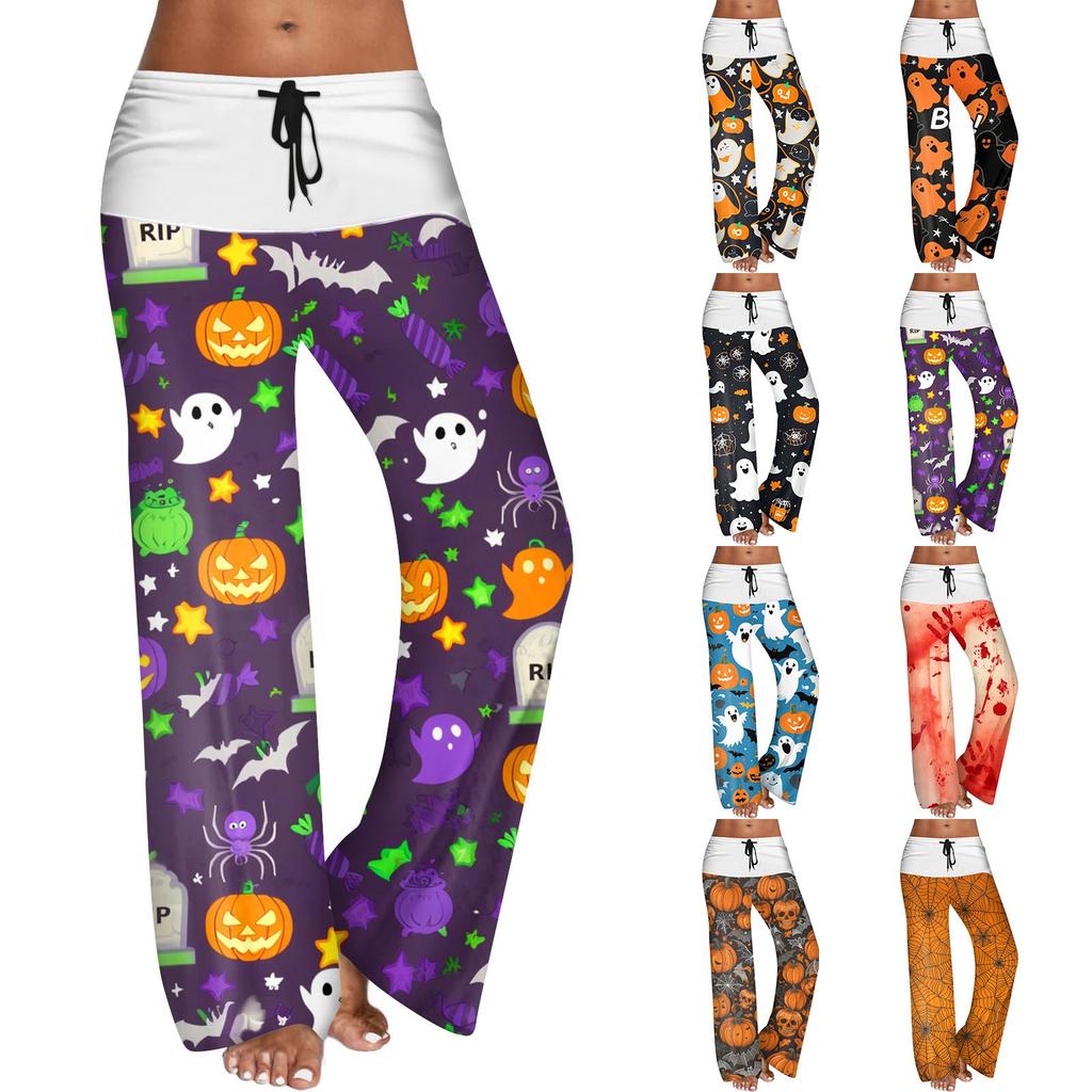 Women's Drawstring Elastic Waistband Wide Leg Color Matching Halloween Printed Casual Pants