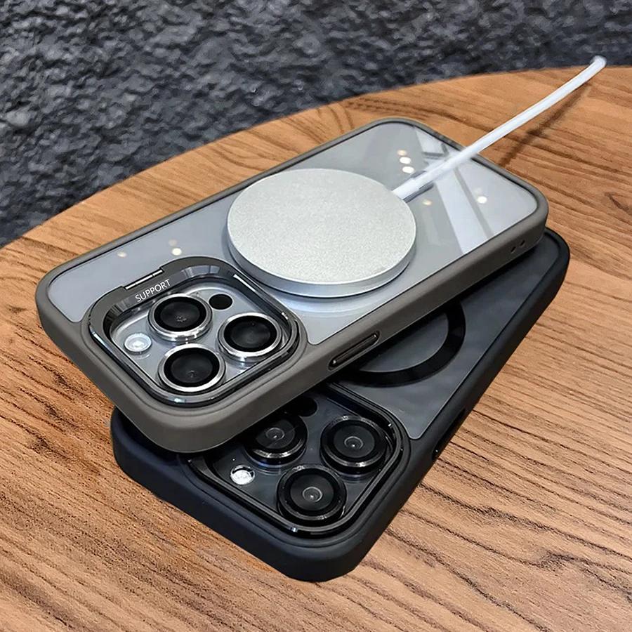 Luxury Magnetic Shockproof Phone Case For iPhone 16 15 14 13 12 11 Pro Max For Magsafe Funda Stand Glass Lens Protector Cover