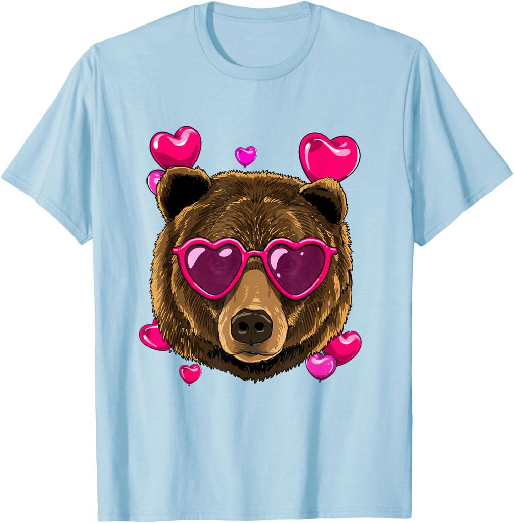 Bear Wearing Heart Sunglasses Valentines Day Graphic T-Shirt Casual Cotton Crewneck Tee