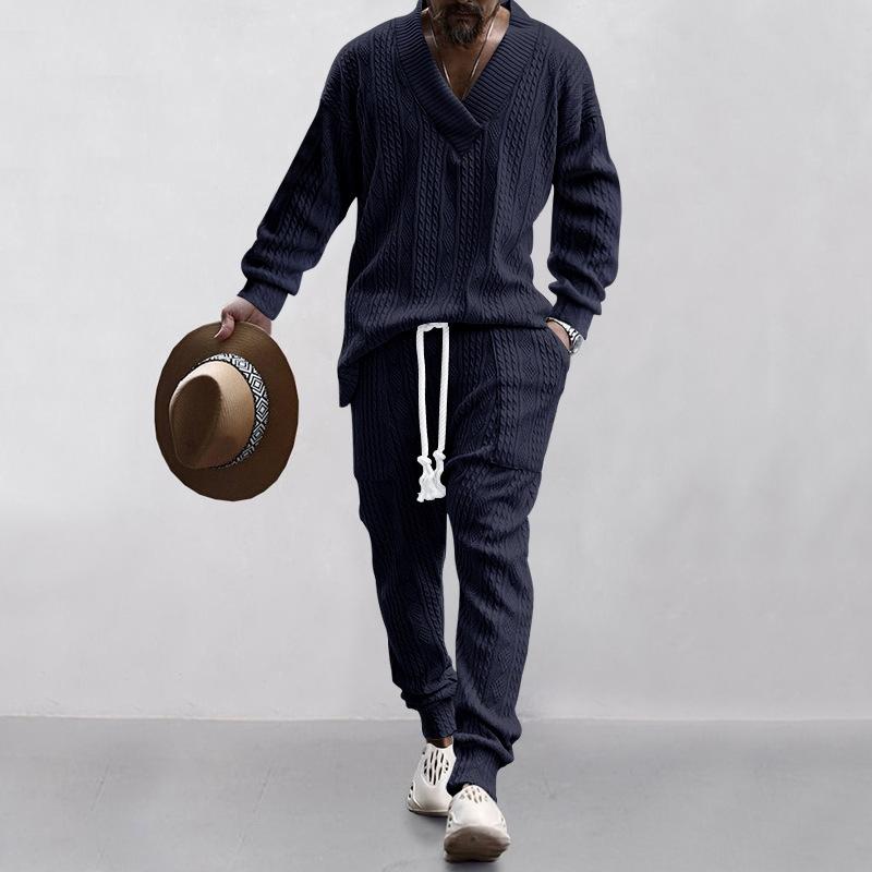 Pantaloni casual de primăvară și toamnă pentru bărbați, pulover jacquard cu gât în V, set din două piese