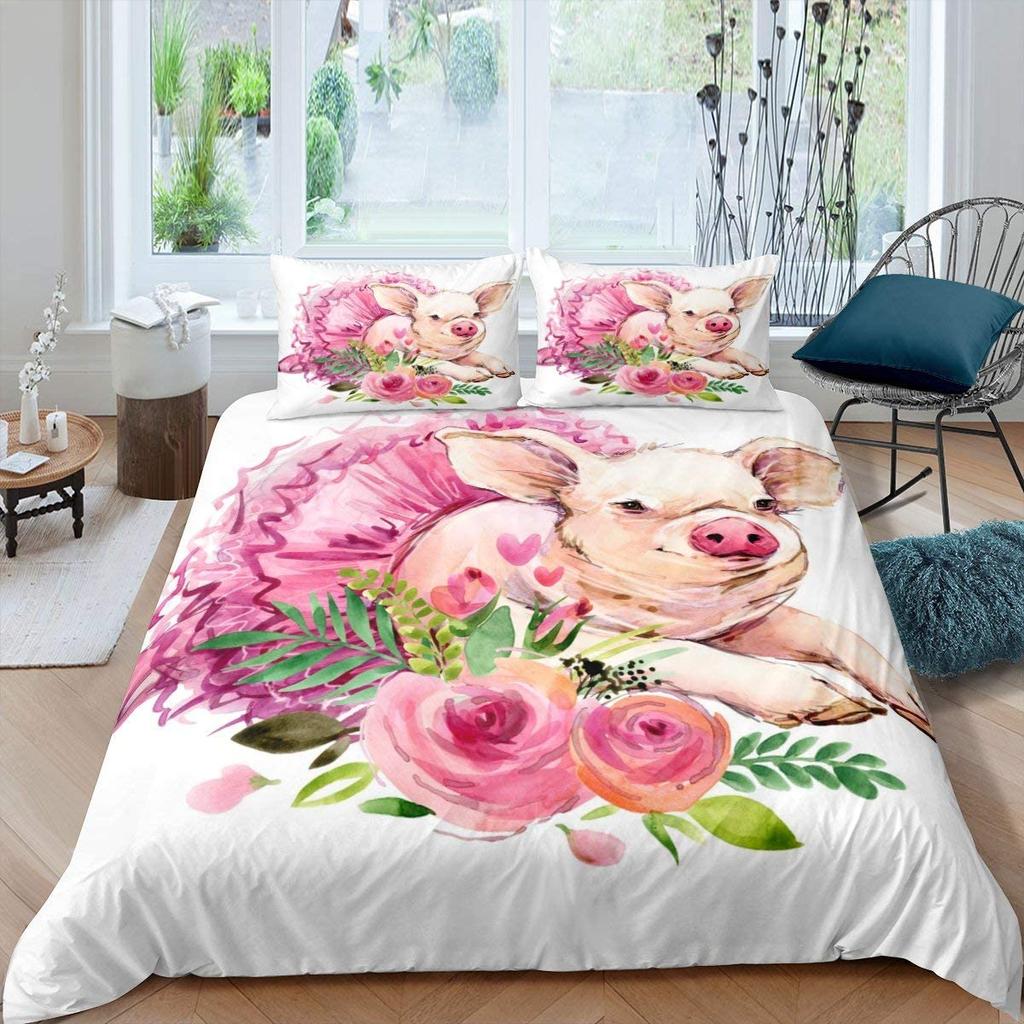 Pig Duvet Cover Set Cute Cartoon Pig Pattern Polyester Comforter Cover With Pillowcase King Queen Size For Kids Girl Bedding Set