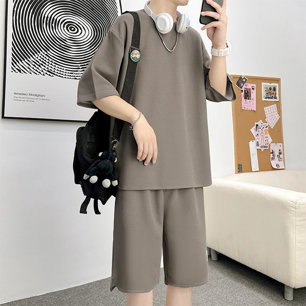 [JIASEN] Men's Summer Clothing Set, Short-Sleeved Casual T-Shirt, Sweat-Wicking, Plus Sizes, Stylish, Plain, Men's Sportswear -gray-M