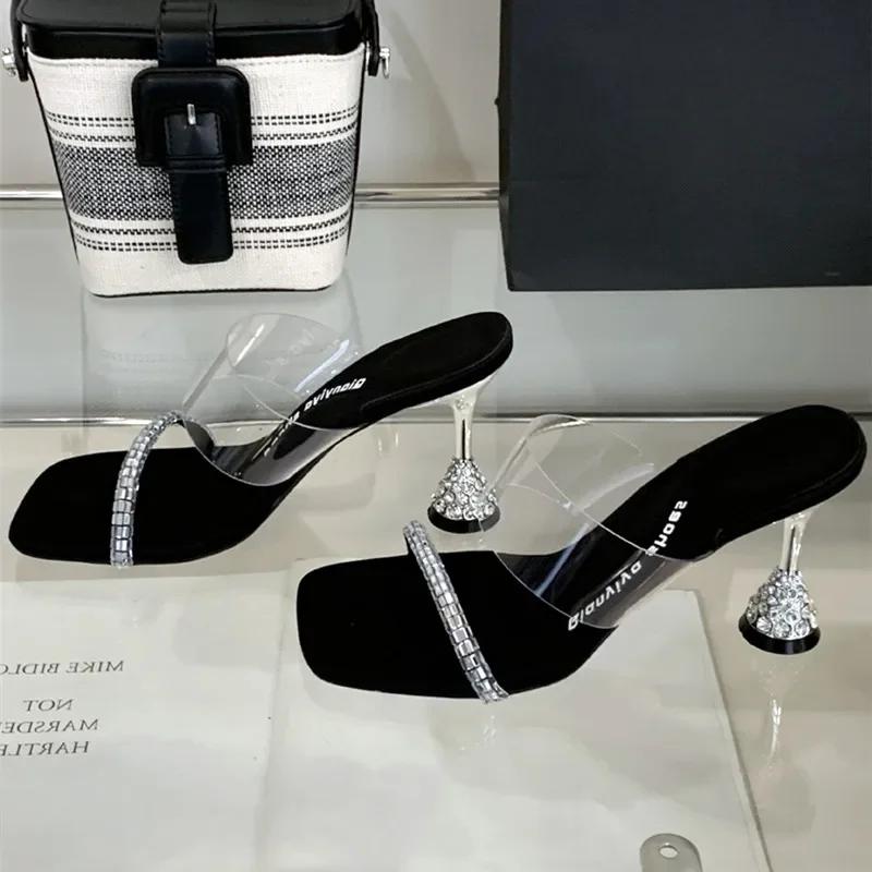 Fashion New Style Designer Shiny Rhinestone High Heels Women Sexy Open Toe Transparent PVC Slide Sandals Elegant Banquet Wedding Shoes
