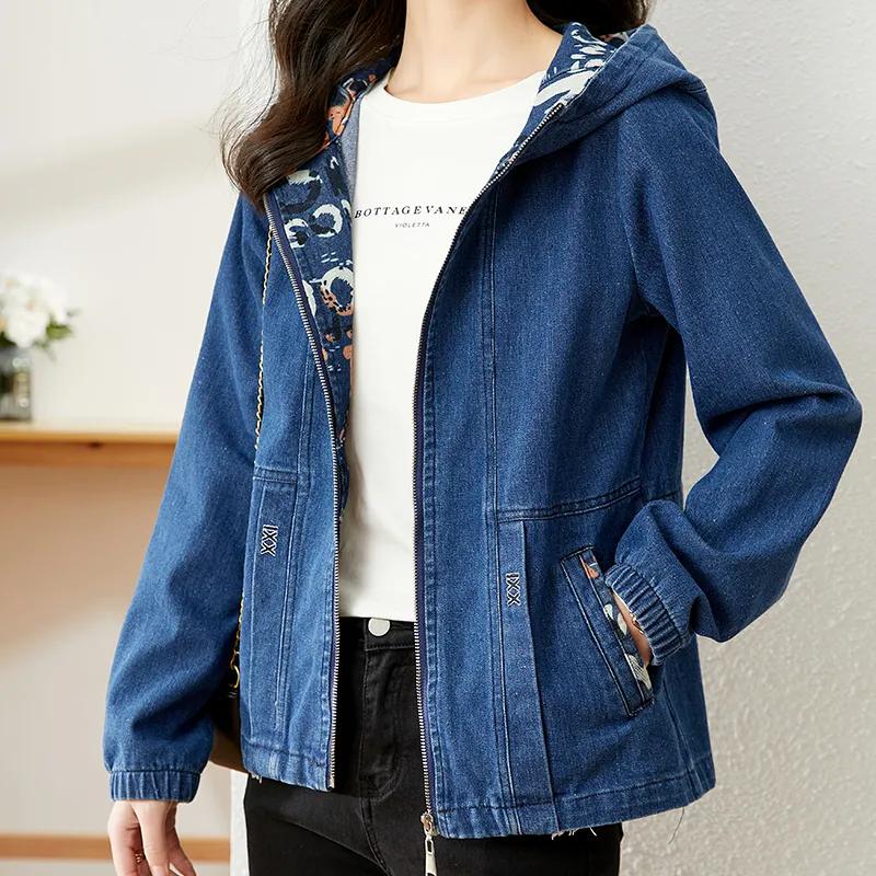 Stylish Hooded Denim Jacket Women's Short Jean Coat Mother  Outerwear Loose Casual Jackets Spring Autumn